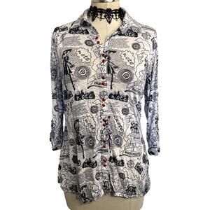 Y2K Style Graphic AOP Grunge Gothic Burnout Button Down Work Casual Top Sz XS